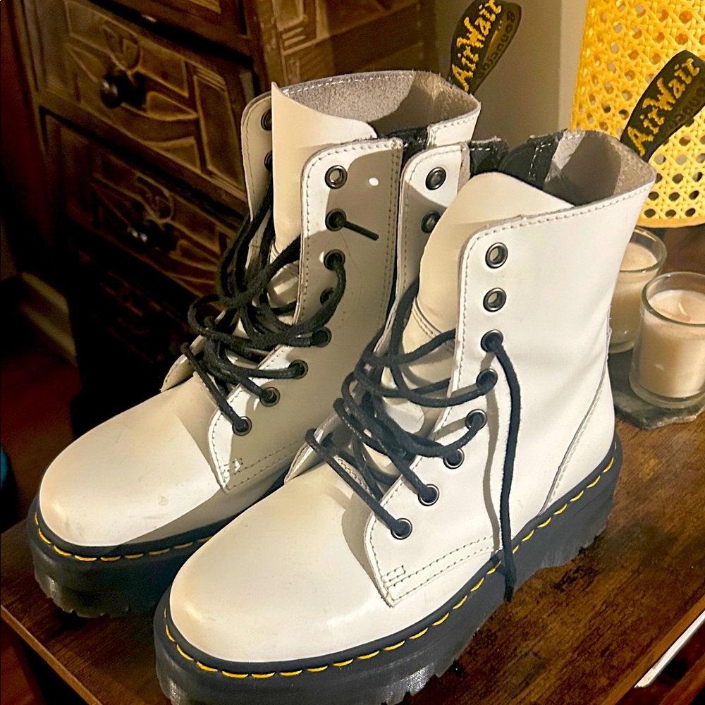 Dr. Martens White Jadon Combat Boots with Black Laces.